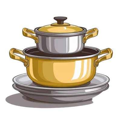 Stacked Kitchen Cookware Set With Pots And Plates