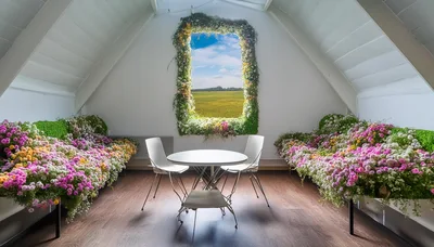 Modern Attic Room With Floral Decor And Window View