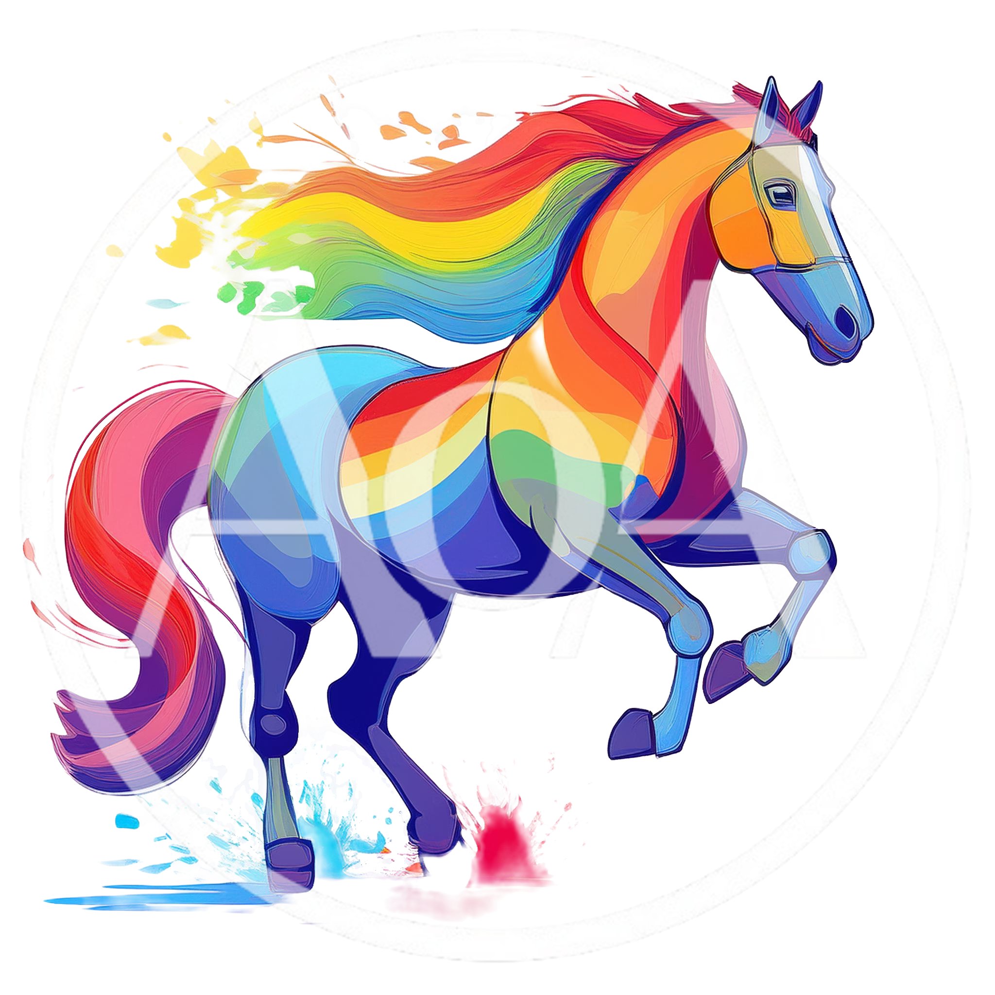 Rainbow Colored Horse Running With Artistic Paint Splatters