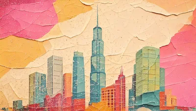 Stylized Cityscape Illustration With Cracked Paint Texture