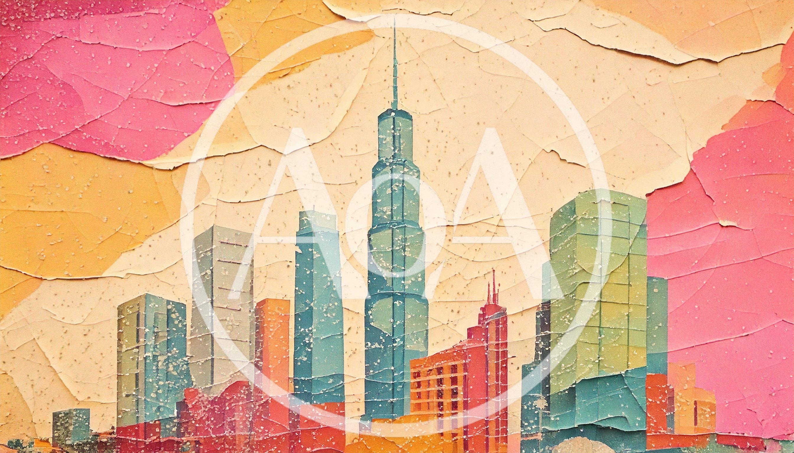 Stylized Cityscape Illustration With Cracked Paint Texture