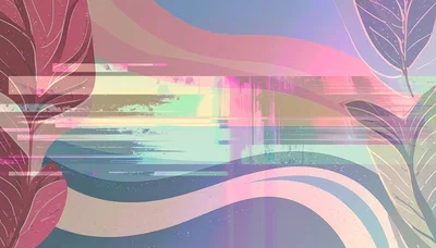 Abstract Digital Art With Glitch Effect And Botanical Elements