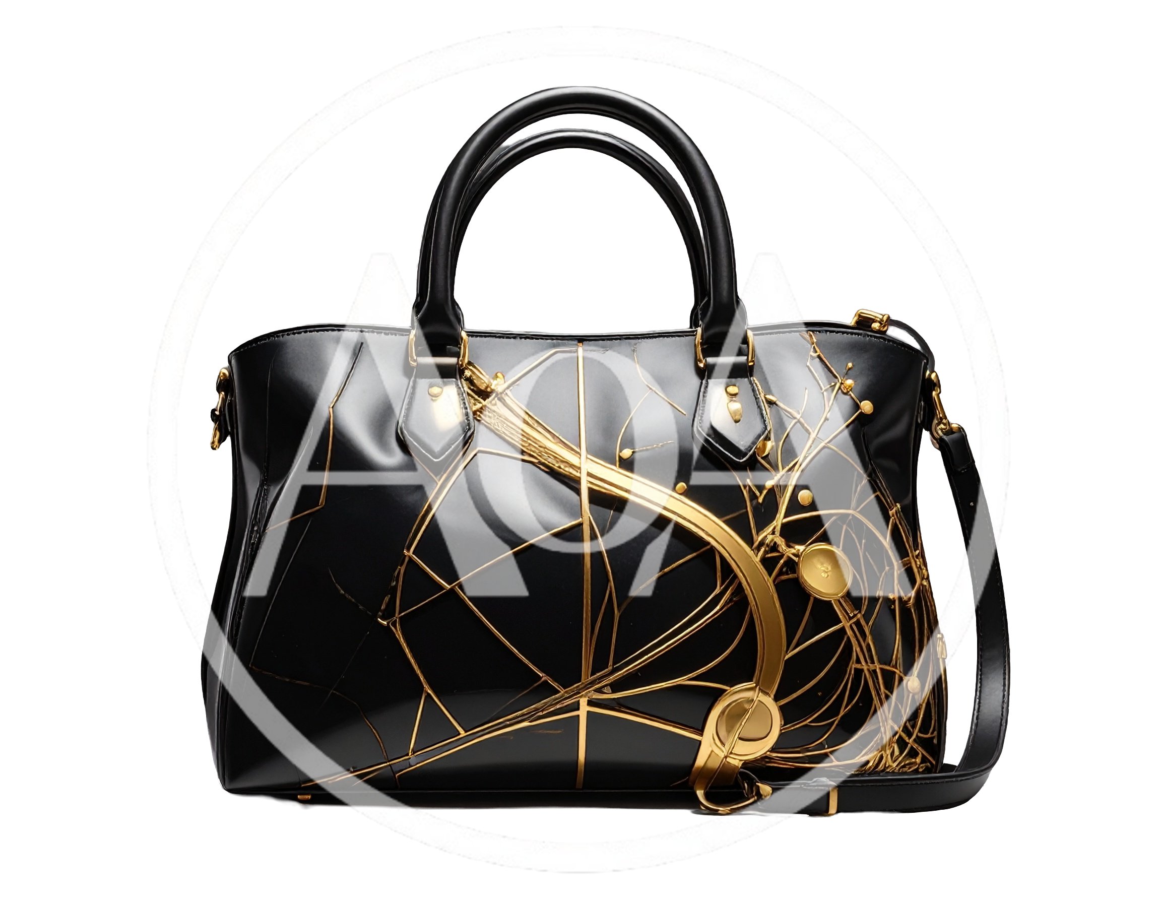 Luxury Black Leather Handbag With Gold Geometric Accents