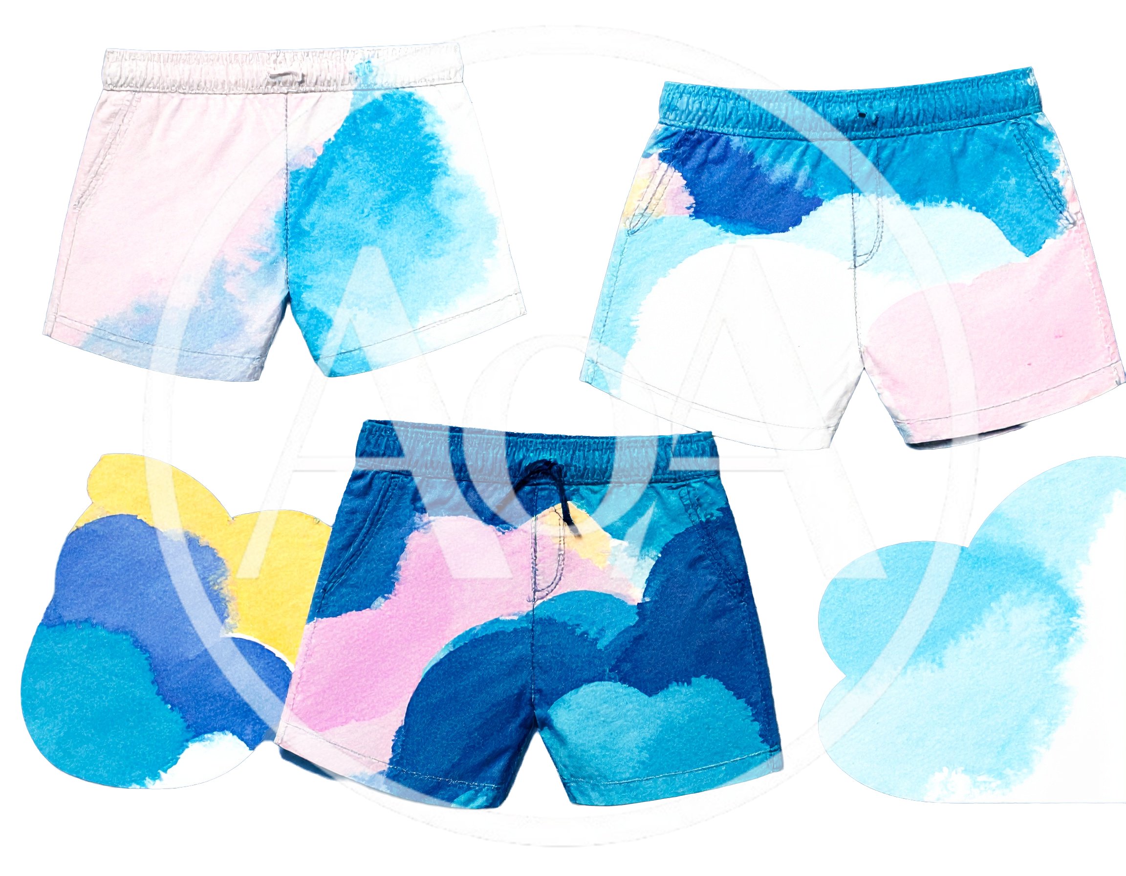 Three Pairs Of Watercolor Patterned Swim Shorts