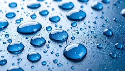 Blue Water Droplets On A Metallic Surface