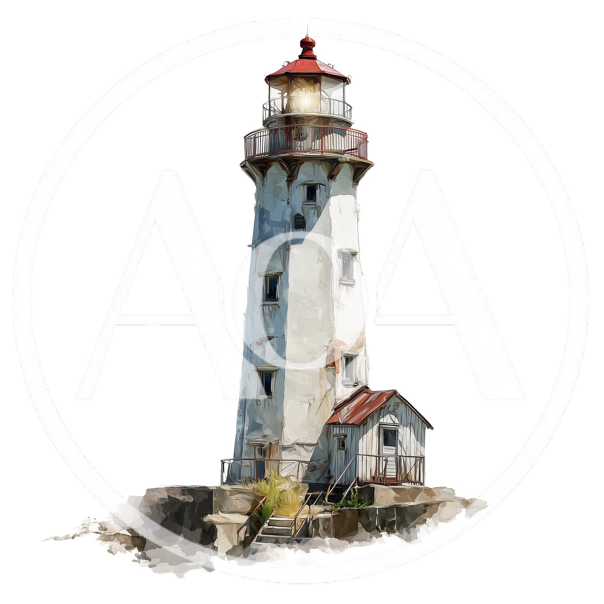 Isolated Painting Of A Weathered Coastal Lighthouse