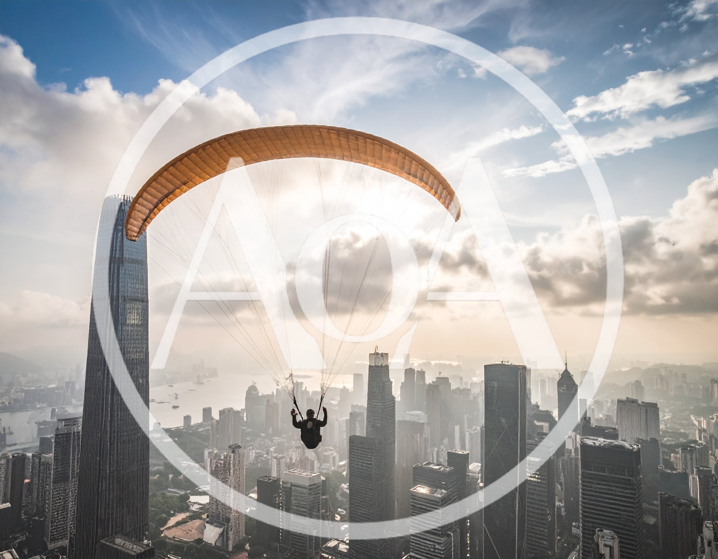 Paraglider Soaring Over City