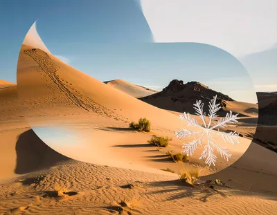 Surreal Snowflake Floating Over Desert Sand Dunes