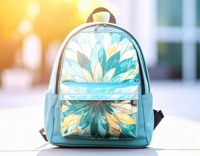 Stylish Teal Floral Pattern Backpack On Display
