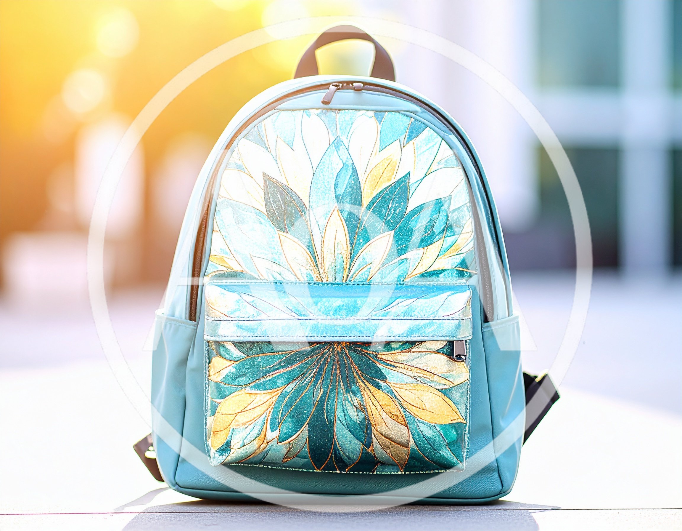 Stylish Teal Floral Pattern Backpack On Display