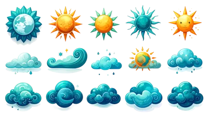 Set of Stylized Weather Icons and Celestial Elements