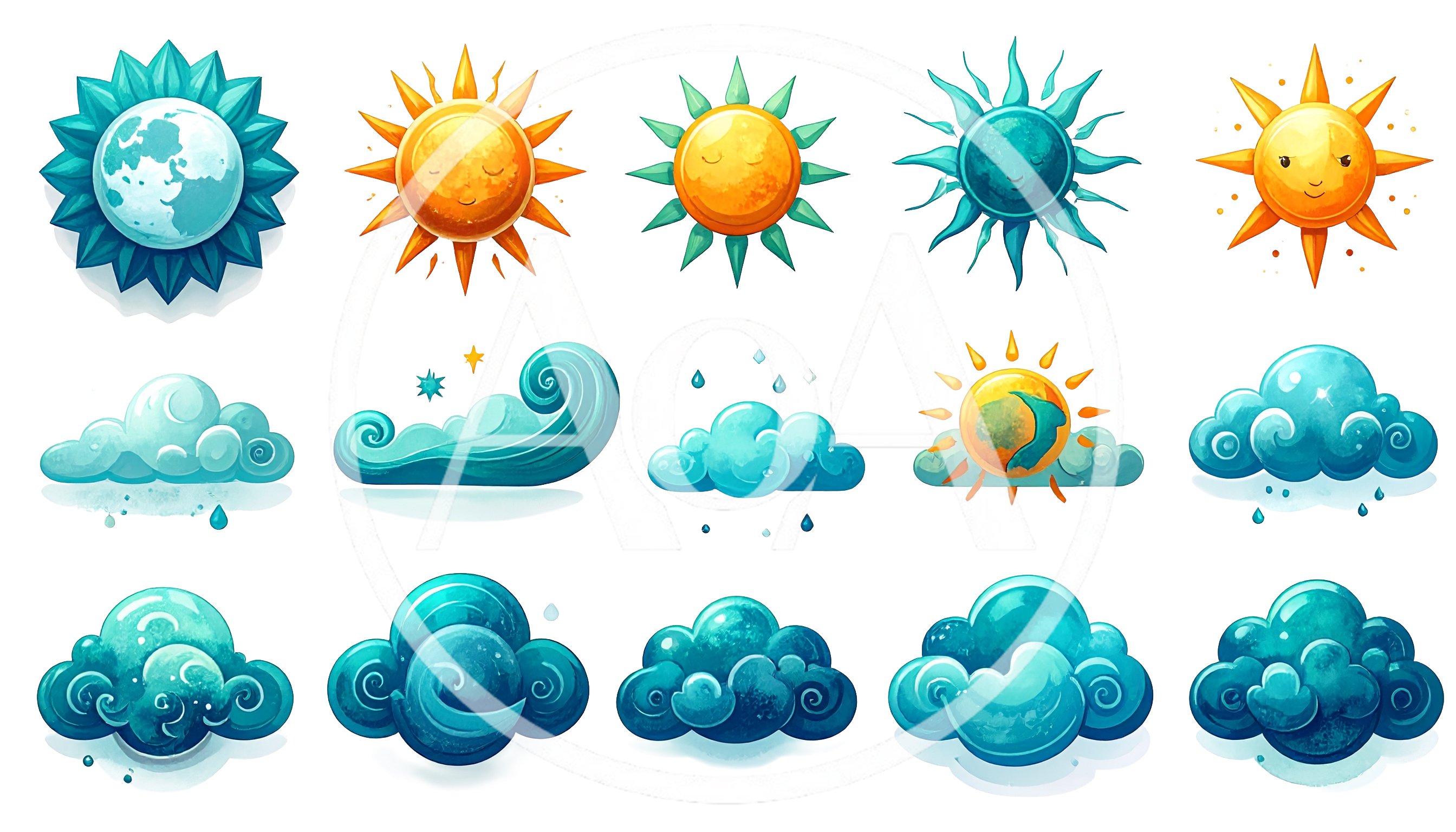 Set of Stylized Weather Icons and Celestial Elements