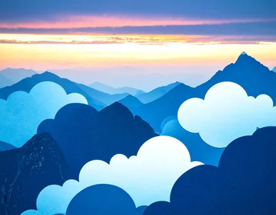 Stylized Mountain Landscape With Paper Cutout Clouds