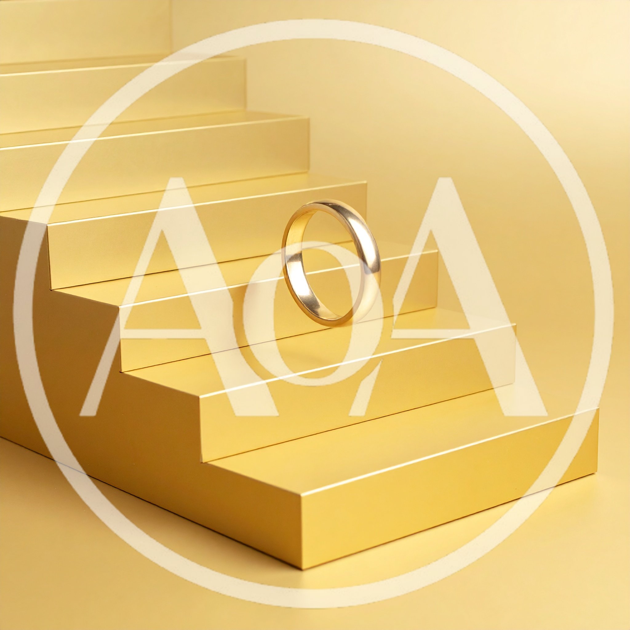 Gold Wedding Ring Floating On Minimalist Golden Stairs
