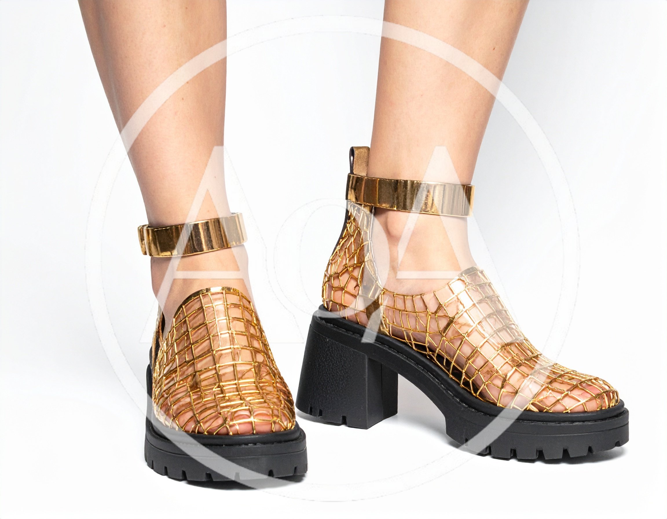 Model Wearing Gold Metallic Cage Platform Shoes