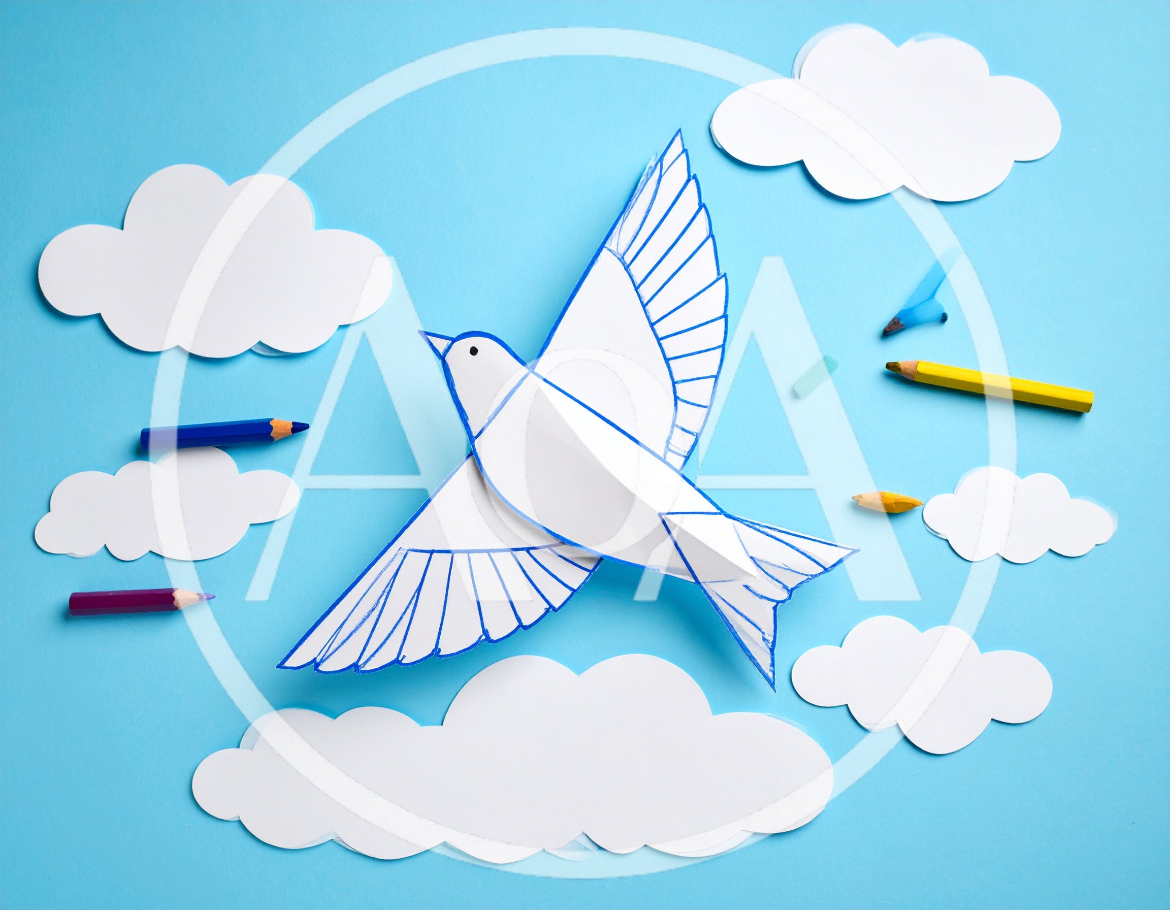 Paper Craft Bird Flying Among Paper Clouds