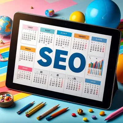 Tablet Displaying SEO Calendar and Analytics