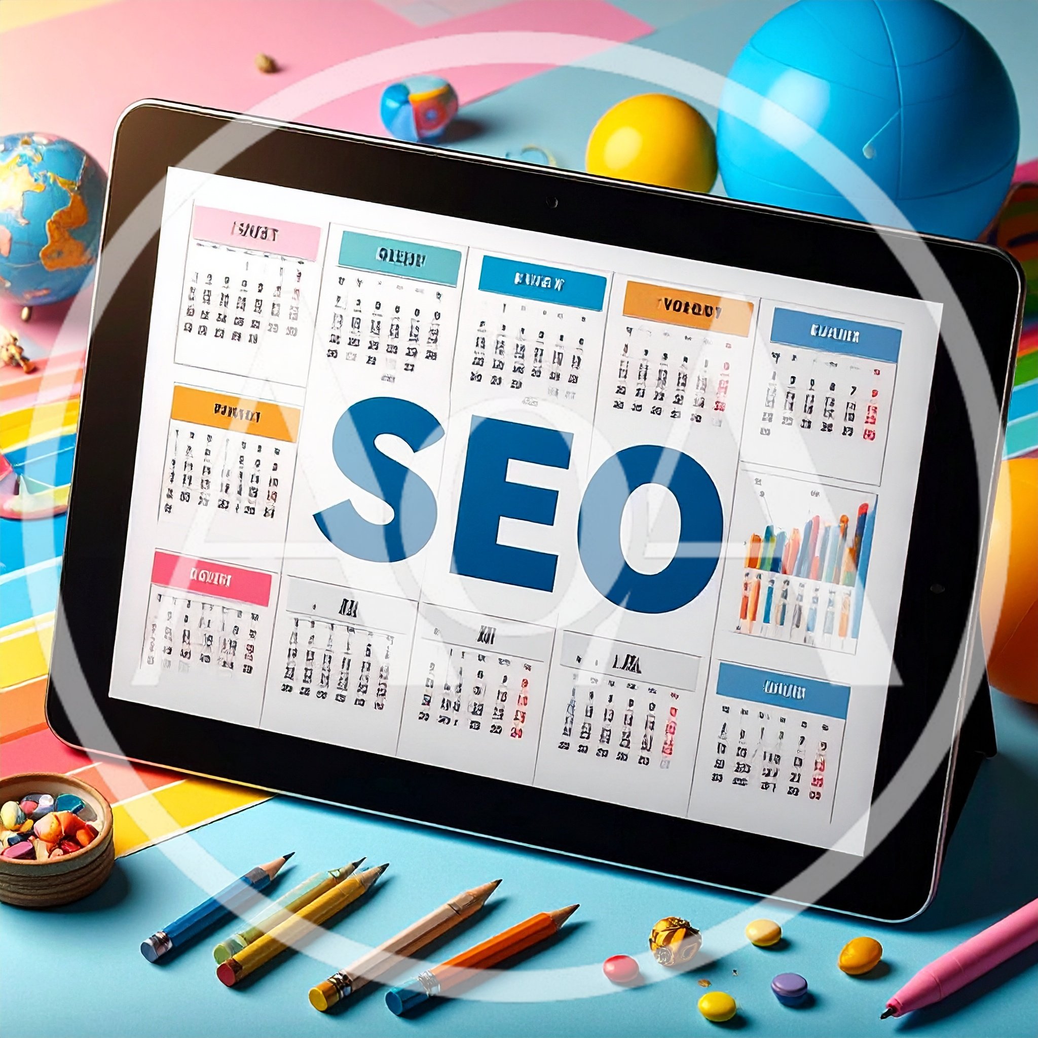 Tablet Displaying SEO Calendar and Analytics