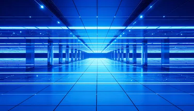 Futuristic Blue Neon Corridor With Reflective Tiled Floor