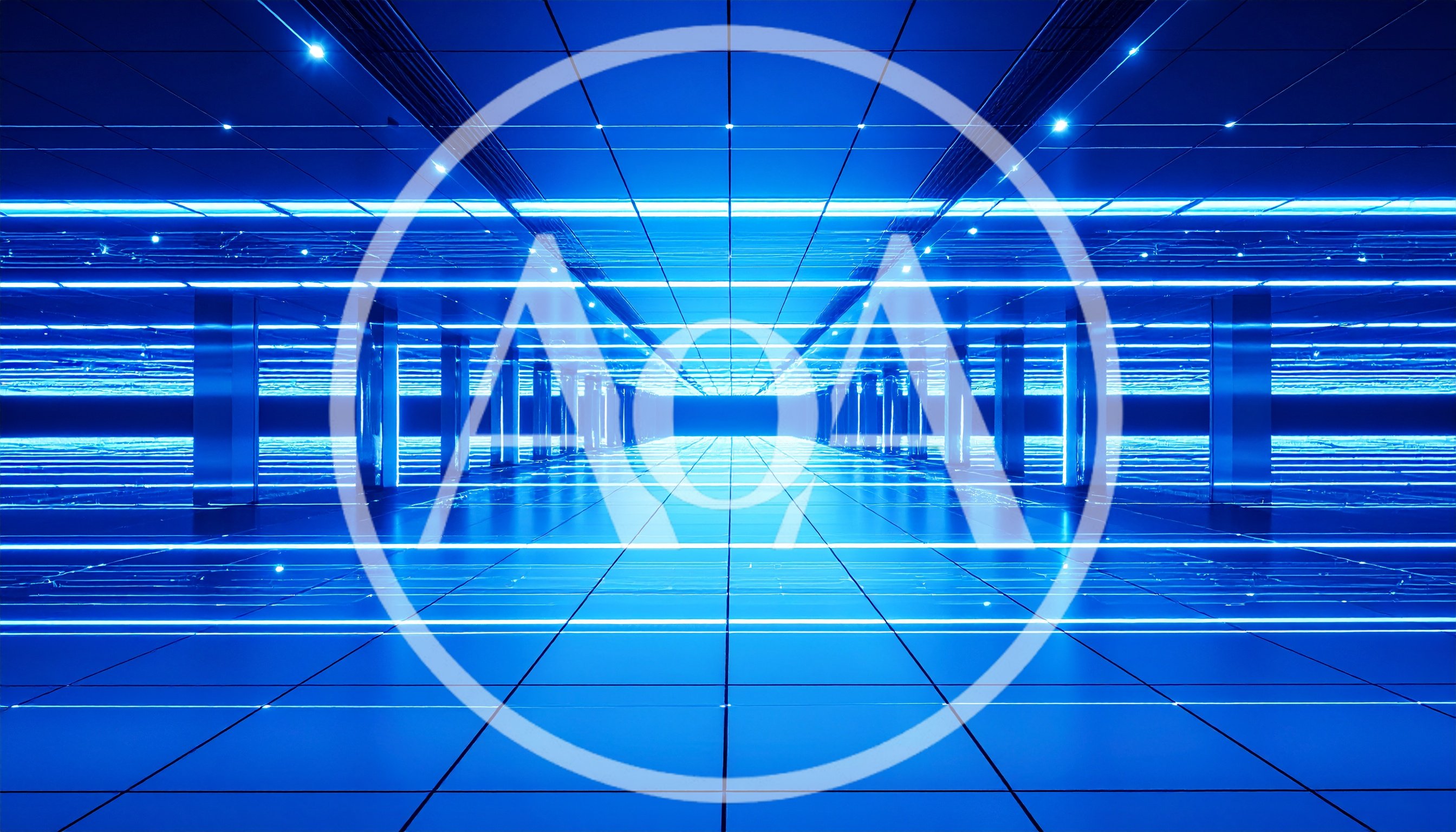 Futuristic Blue Neon Corridor With Reflective Tiled Floor