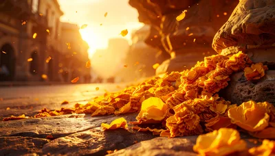 Golden Marigold Petals Scattered on Ancient Stone Street