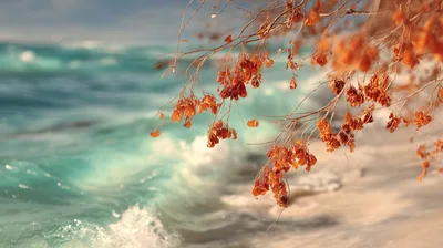 Dry Autumn Leaves Hanging Over Turquoise Ocean Waves