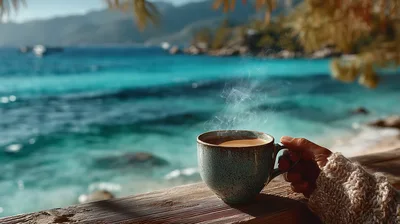 Person Holding Steaming Coffee Mug Overlooking Tropical Beach