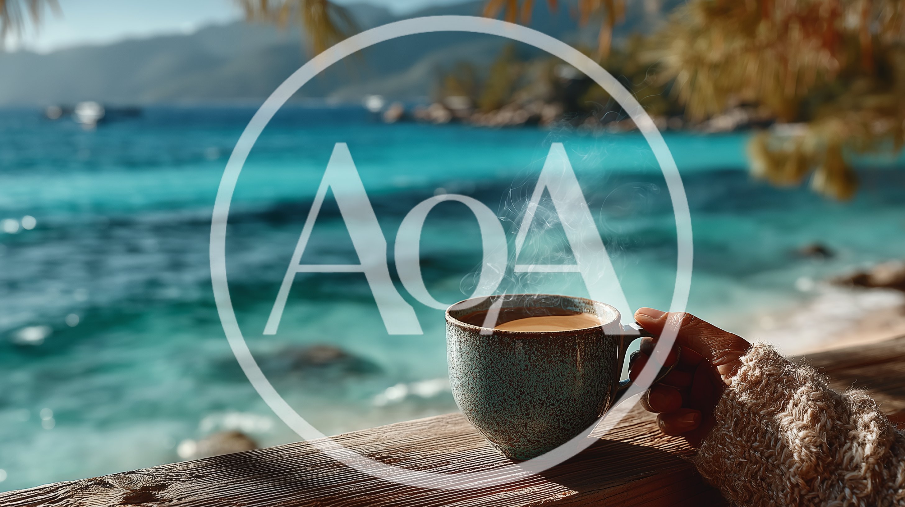 Person Holding Steaming Coffee Mug Overlooking Tropical Beach