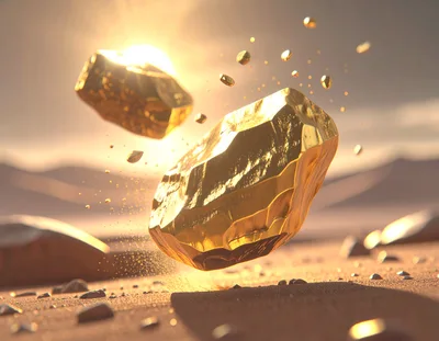 Floating Gold Nuggets Over Desert Sand Dunes