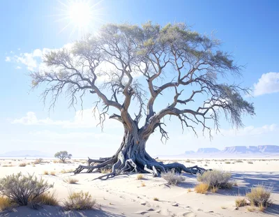 Solitary Ancient Tree In A Vast Desert Landscape