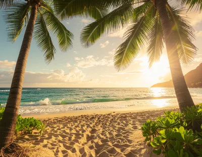 Tropical Beach Sunset Framed By Palm Trees