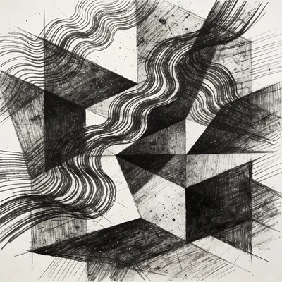 Abstract Charcoal Drawing With Geometric Shapes And Wavy Lines
