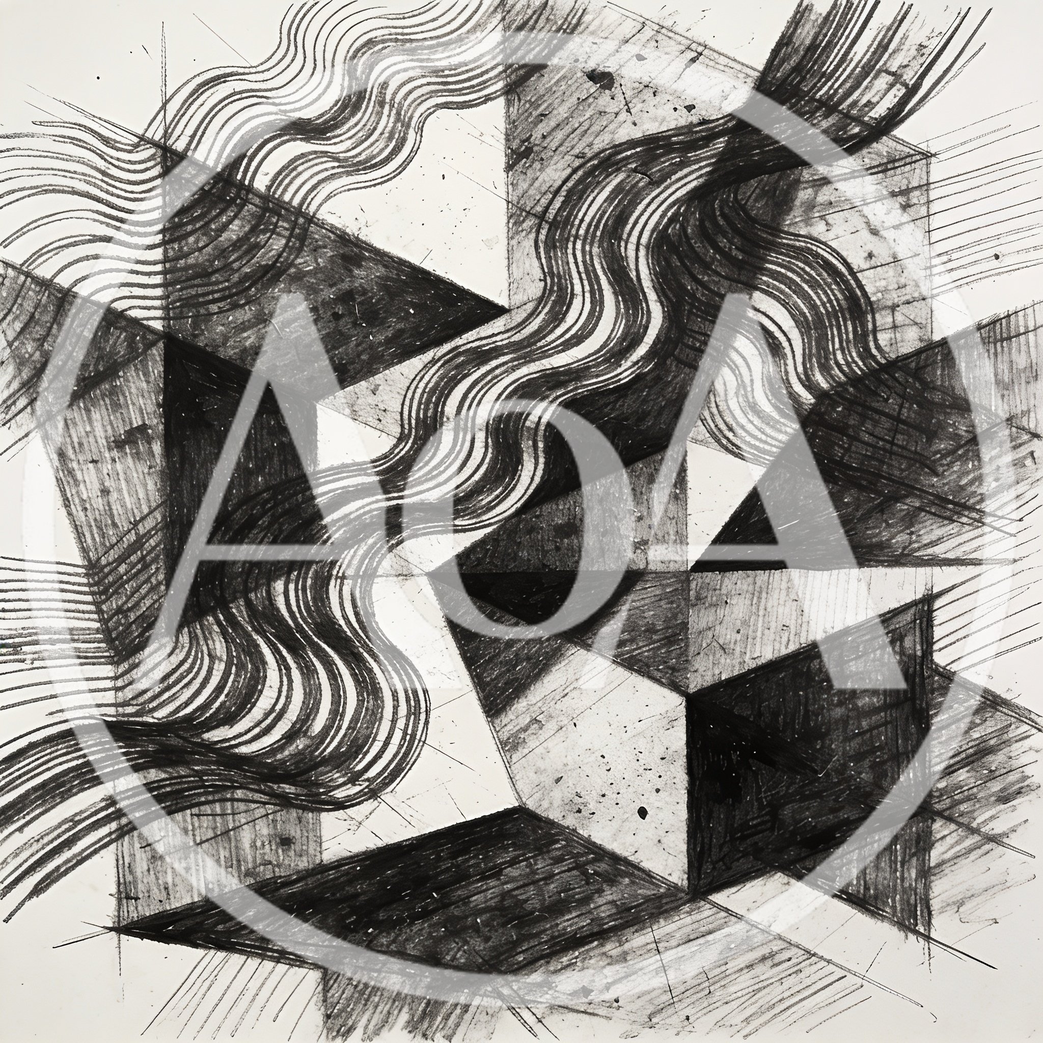 Abstract Charcoal Drawing With Geometric Shapes And Wavy Lines