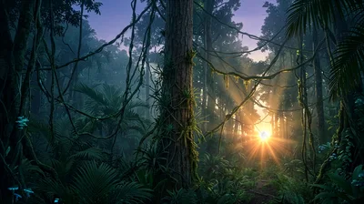 Sunlight Piercing Through Dense Tropical Rainforest Canopy