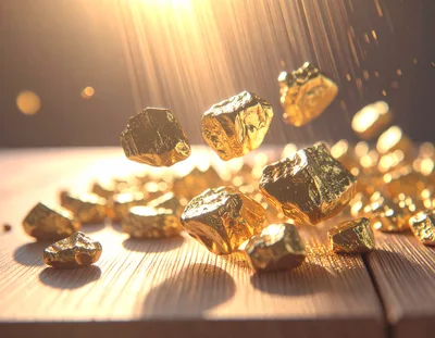 Golden Nuggets Falling Onto A Wooden Surface
