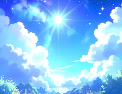 Anime Style Blue Sky With Bright Sun And Clouds