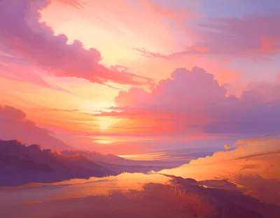Digital Painting Of A Vibrant Sunset Over Rolling Hills