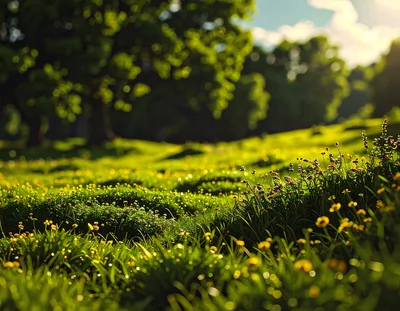 Sunlit Meadow With Wildflowers And Rolling Green Hills