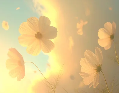 Soft Focus Cosmos Flowers Against A Golden Sunset
