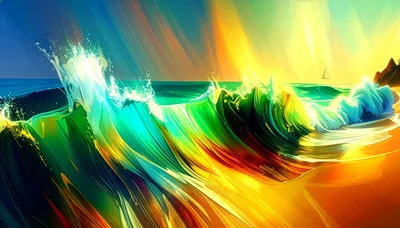 Abstract Colorful Ocean Wave Crashing On Beach