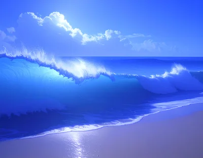 Powerful Blue Ocean Wave Crashing On Sandy Beach