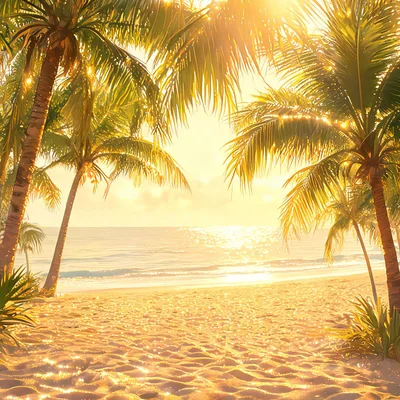 Golden Hour Tropical Beach With Palm Trees