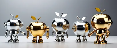 Five Metallic Apple Shaped Robot Characters