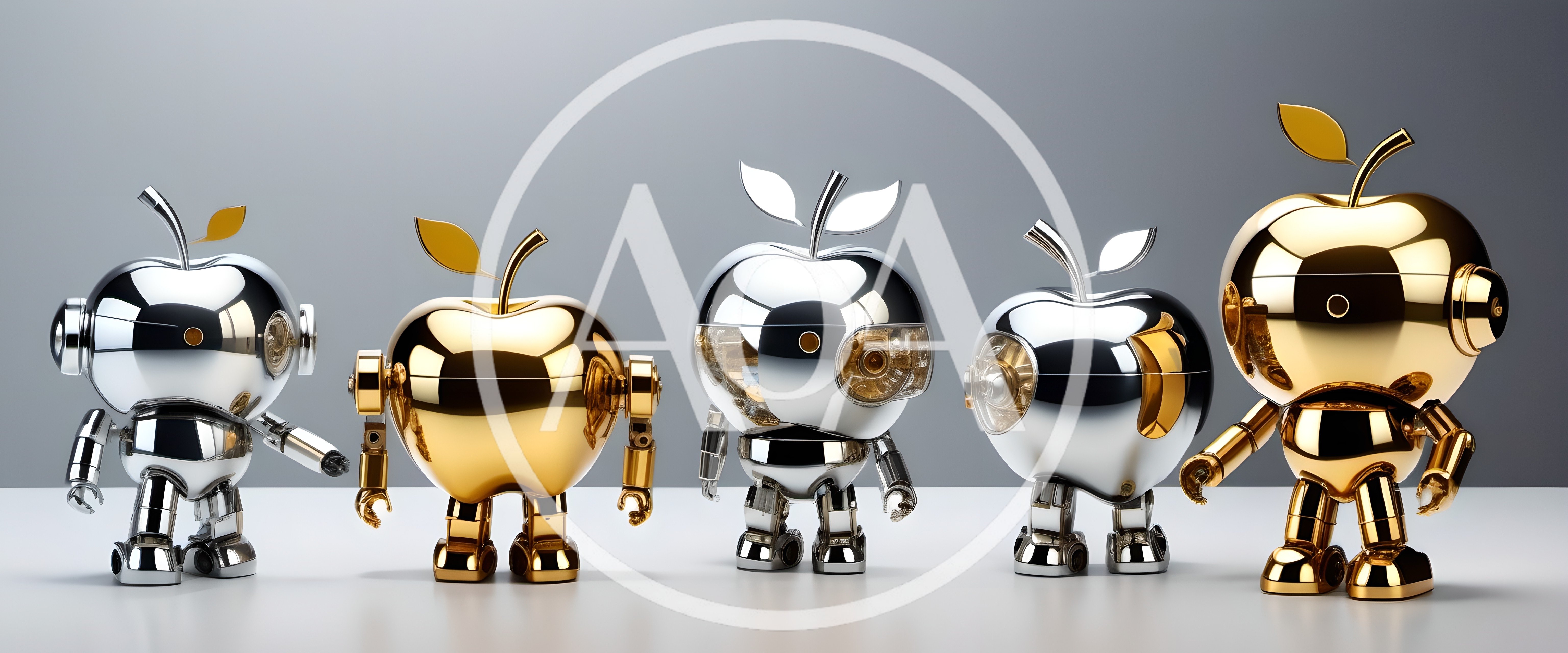 Five Metallic Apple Shaped Robot Characters