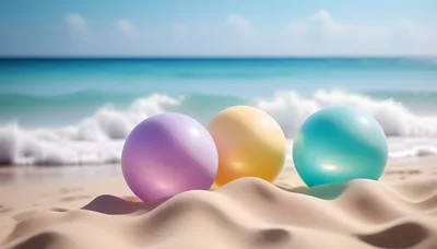 Three Colorful Spheres Resting On A Sandy Beach