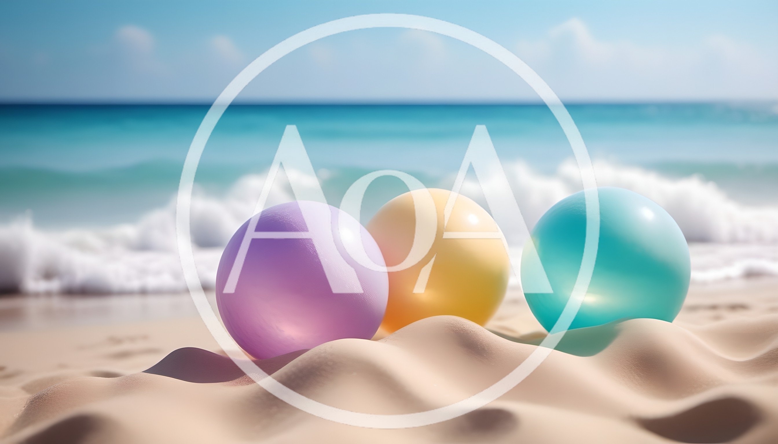 Three Colorful Spheres Resting On A Sandy Beach