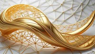 Abstract Golden Wave Structure With Geometric Wireframe