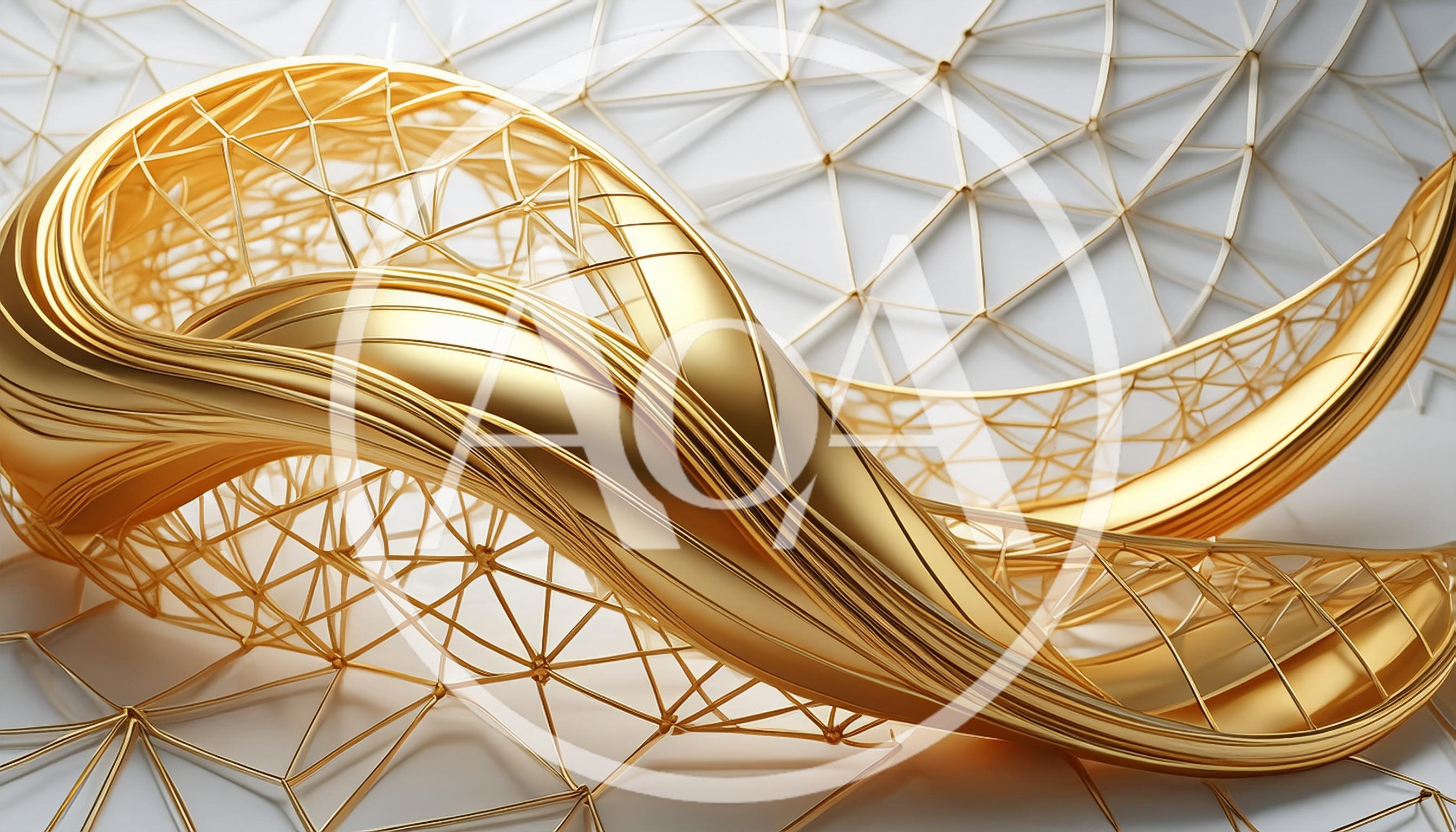 Abstract Golden Wave Structure With Geometric Wireframe