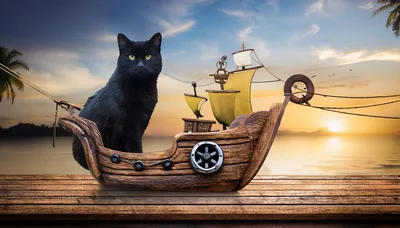 Black Cat Sitting In A Miniature Wooden Pirate Ship
