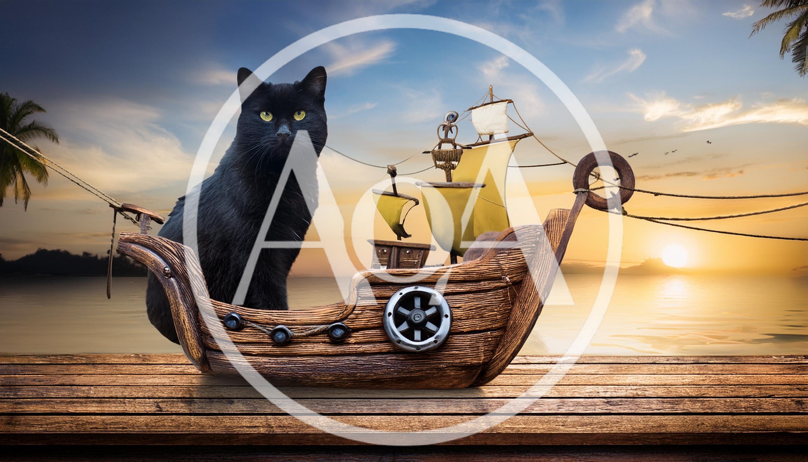 Black Cat Sitting In A Miniature Wooden Pirate Ship